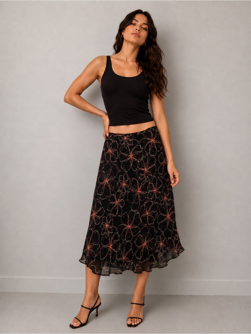 Charter Club 100% Silk Floral Midi Skirt Black Pink Y2K Bias Cut Size 14